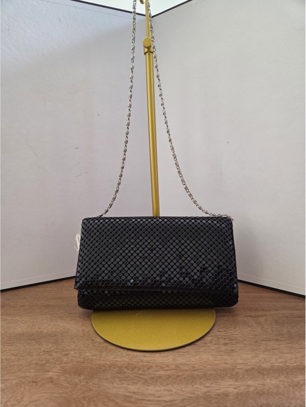 Jessica McClintock Black Sequin Mesh Evening Clutch Crossbody Chain Bag NWT - Picture 2 of 5